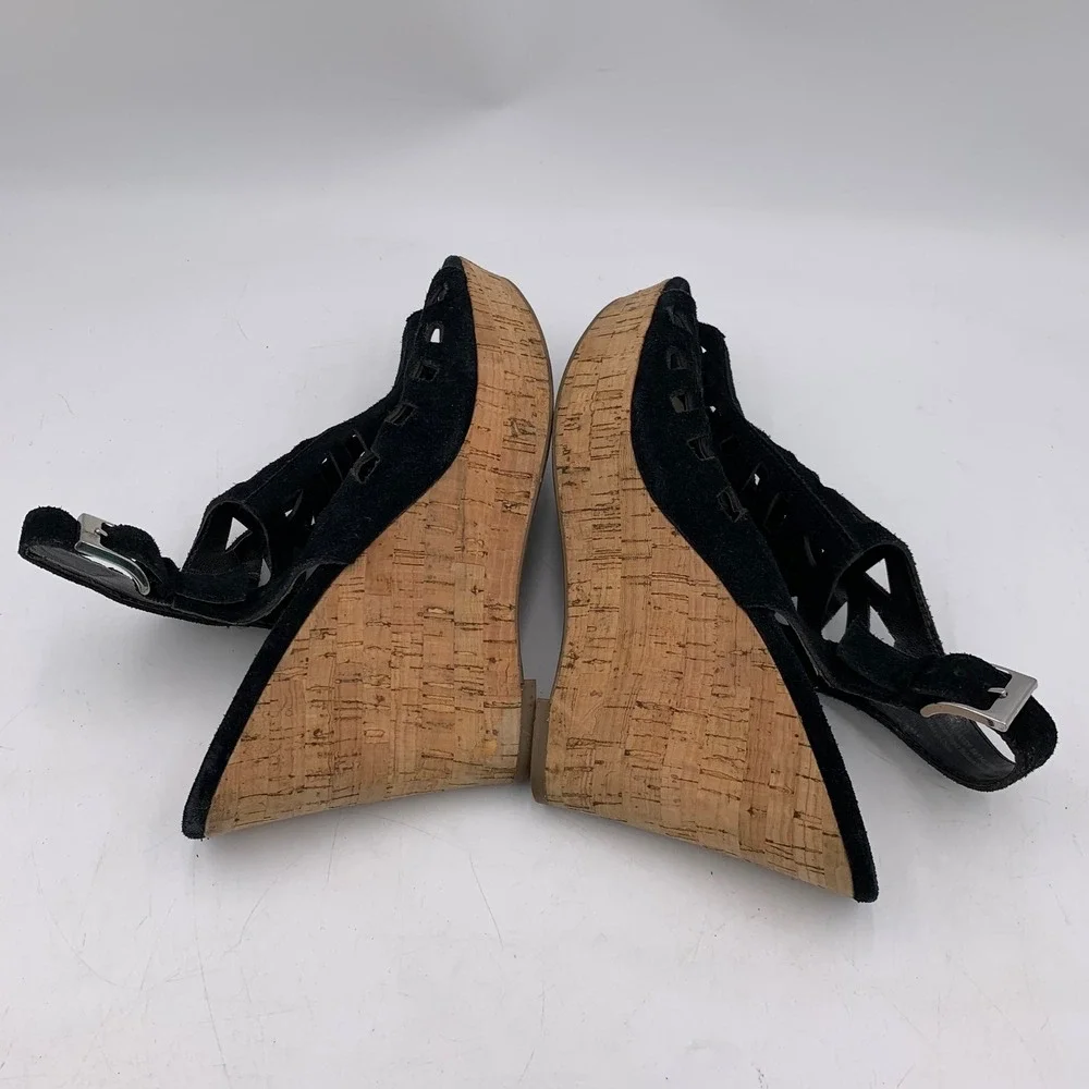 Franco Sarto Black Suede‎ Sandal Cage Wedge Platform Chunky Strappy Sassy Sz 10M